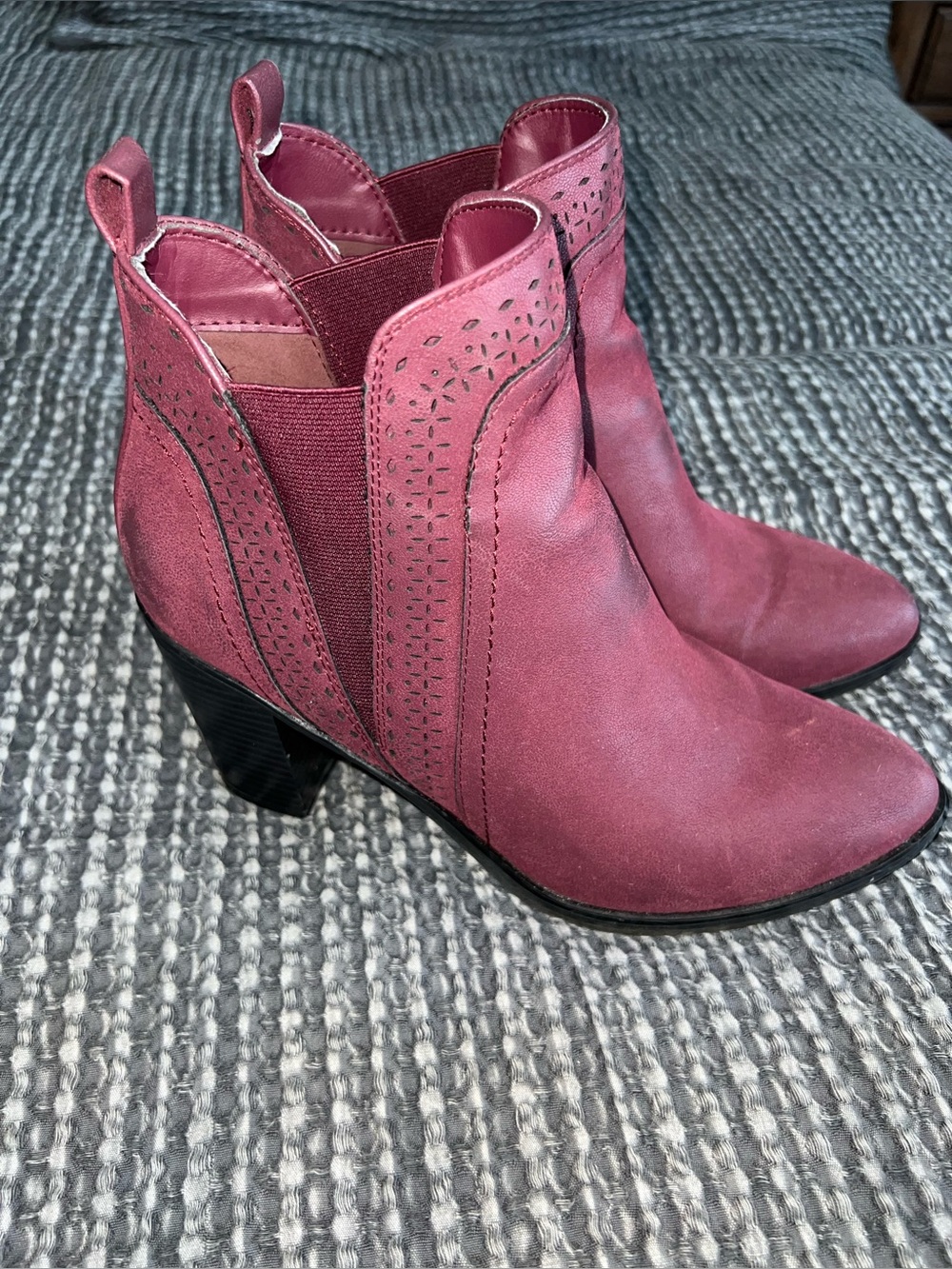MIA Maroon Suede Laser-Cut Ankle Booties